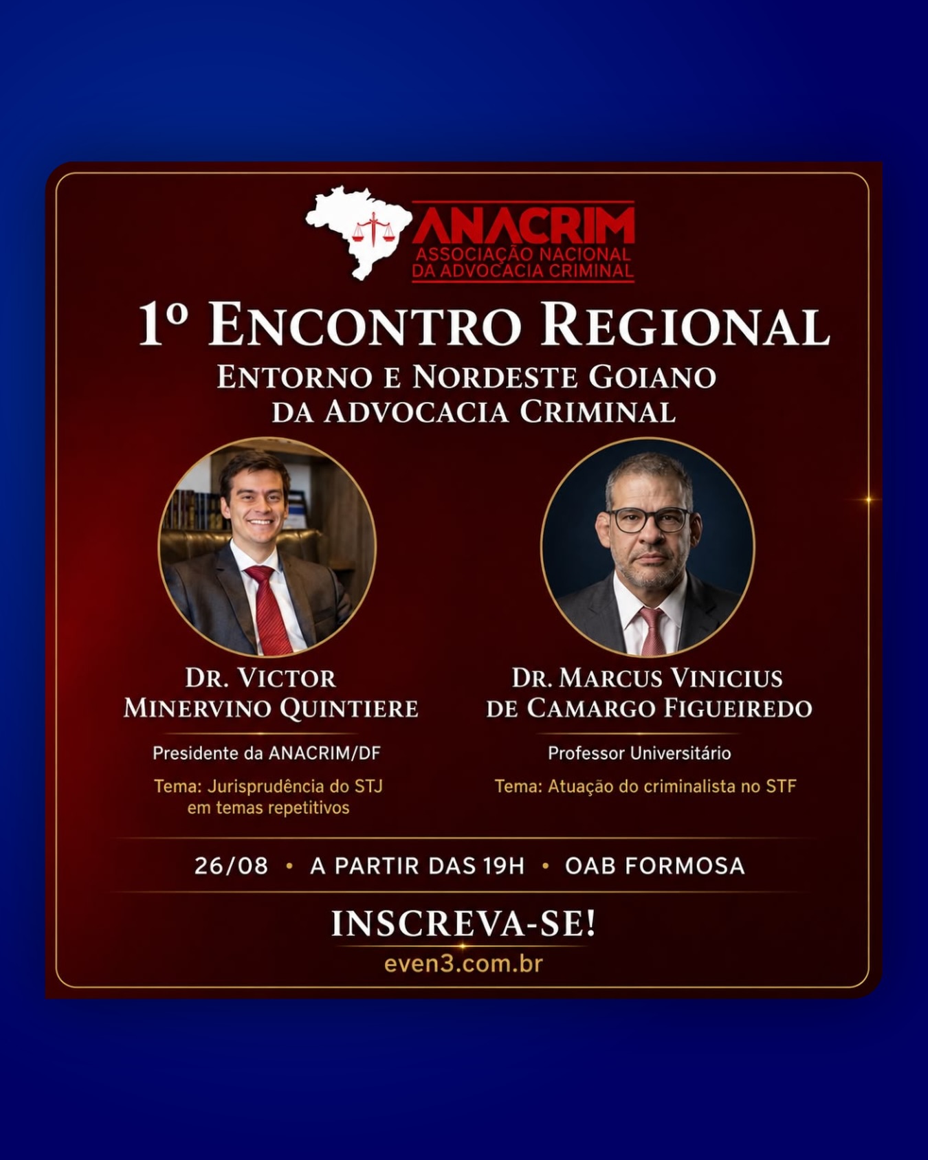 A Associação Nacional da Advocacia Criminal convida para o 1º Encontro Regional do Entorno e Nordeste Goiano, que contará com a participação do Dr.